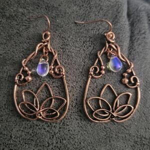 Boho lotus flower wire wrap style tear drop earrings